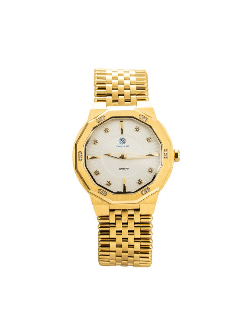 Opera House Men’s Luxury Diamond Analog Watch – 12 Natural Diamonds (1.2–1.25mm SI2 GH) Dial, 42mm Gold Stainless Steel Case, Crystal Glass, Quartz Movement, 3ATM Water Resistant, Gold (IPS/IPG) Case & Band - Image 1