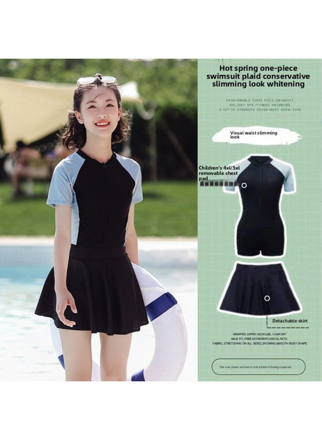 إسكدنيا بدلة سباحة للسيدات من قطعة واحدة تنورة للأم والابنة، بدلة سباحة للأطفال على الطراز الغربي، بدلة سباحة رياضية للفتيات سريعة الجفاف بأكمام طويلة - اللون: كم قصير للأطفال 【تنورة قابلة للفصل】】- - Image 1