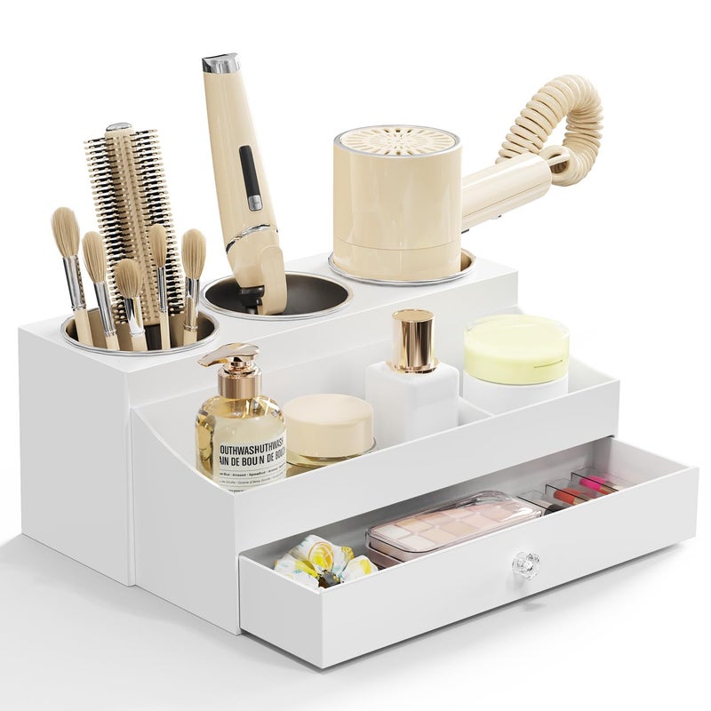 GFWARE Acrylic Hair Dryer Holder with Drawer, Bathroom Organizer Countertop Drawers with 3 Stainless Cups, Makeup Vanity Accessories, Hair Hot Tools Organizer, Toiletry, White - Image 1