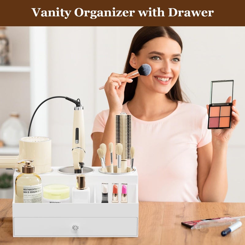 GFWARE Acrylic Hair Dryer Holder with Drawer, Bathroom Organizer Countertop Drawers with 3 Stainless Cups, Makeup Vanity Accessories, Hair Hot Tools Organizer, Toiletry, White - Image 3
