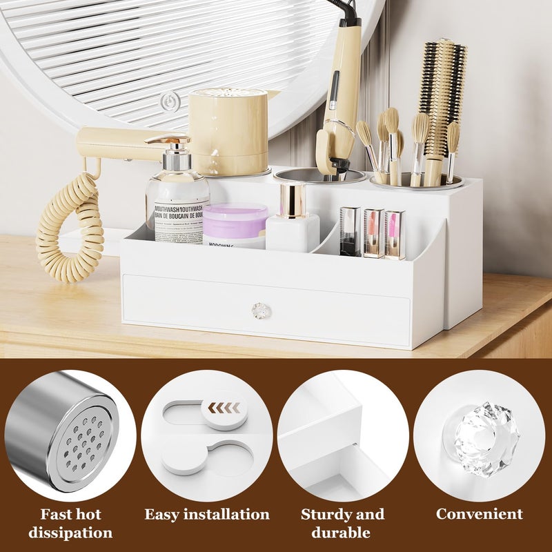 GFWARE Acrylic Hair Dryer Holder with Drawer, Bathroom Organizer Countertop Drawers with 3 Stainless Cups, Makeup Vanity Accessories, Hair Hot Tools Organizer, Toiletry, White - Image 4