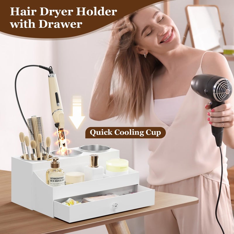 GFWARE Acrylic Hair Dryer Holder with Drawer, Bathroom Organizer Countertop Drawers with 3 Stainless Cups, Makeup Vanity Accessories, Hair Hot Tools Organizer, Toiletry, White - Image 2
