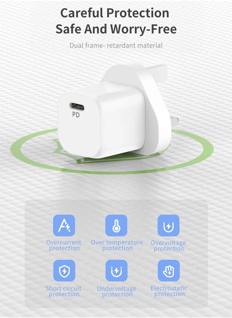 25W PD Fast Charger Adapter Type C 3Pins with Lightning Cable 1m for Apple iPhone 14 Pro Max and 13 Pro Max / White