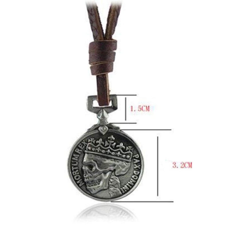ODETOJOY Classic Coin Brown Leather Pendant Necklace Skull Steampunk Chunky Pendants Jewelry for Men - Image 5
