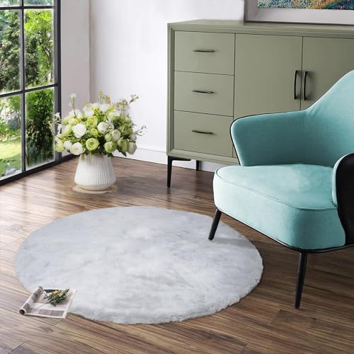 Latepis Grey Fluffy Round Rug 3ft Circle Area Faux Fur Rugs Washable Rabbit Rug Gray Furry Shag Rugs Round Carpet for Living Room Bedroom Nursery Kids Room Chair - Image 1