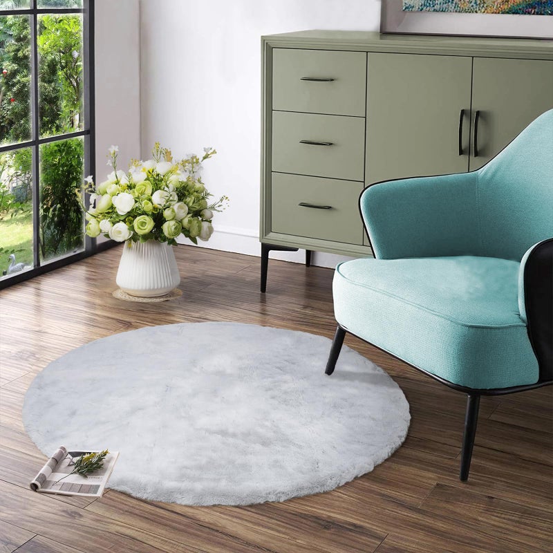 Latepis Grey Fluffy Round Rug 3ft Circle Area Faux Fur Rugs Washable Rabbit Rug Gray Furry Shag Rugs Round Carpet for Living Room Bedroom Nursery Kids Room Chair - Image 2