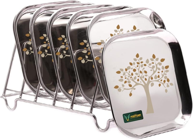 FORTUNA KITCHENWARE Stainless Steel Plates Set of 6 | Square Plates | Breakfast/Lunch/Dinner Plates Set of 6, Diameter: 10 Inches (Laser Print) - Image 1