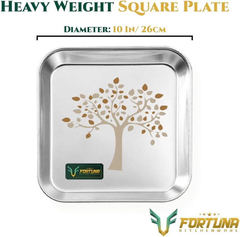 FORTUNA KITCHENWARE Stainless Steel Plates Set of 6 | Square Plates | Breakfast/Lunch/Dinner Plates Set of 6, Diameter: 10 Inches (Laser Print) - Image 4