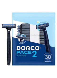 DORCO Pace 2 Plus Disposable Razor 2 Blades Pivoting Head Open-Flow No Clogging Easy Rinsing Lubricating Strip Long Non-Slip Rubber Handle (30Ct No Rubber Handle) 