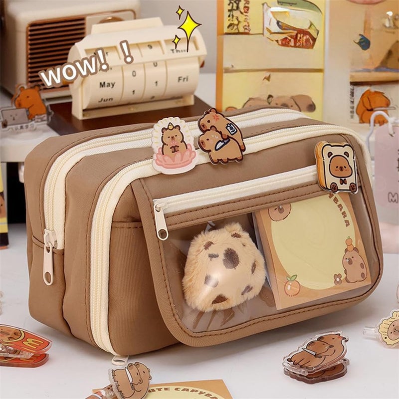 Cute Capybara Pencil Case Set, Clear Aesthetic Pen Pouch with Plush, Pins, and Multi-Layer Compartments, Large Capacity for School Supplies - Image 4