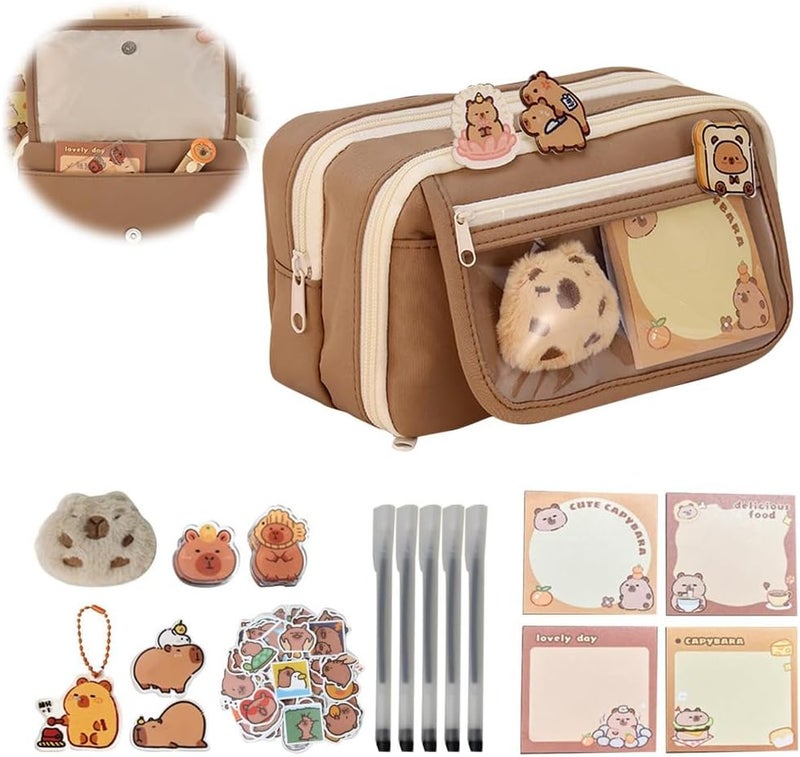 Cute Capybara Pencil Case Set, Clear Aesthetic Pen Pouch with Plush, Pins, and Multi-Layer Compartments, Large Capacity for School Supplies - Image 1