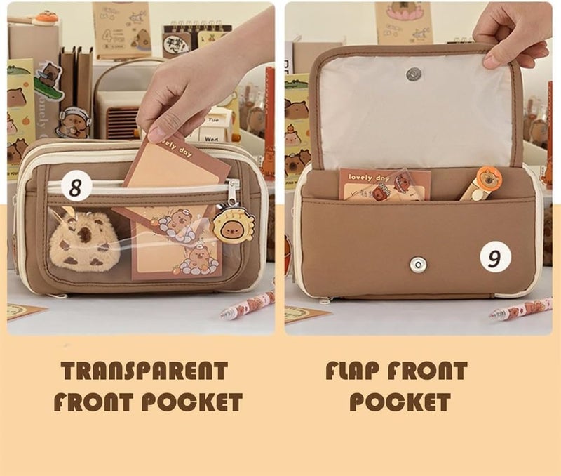 Cute Capybara Pencil Case Set, Clear Aesthetic Pen Pouch with Plush, Pins, and Multi-Layer Compartments, Large Capacity for School Supplies - Image 5