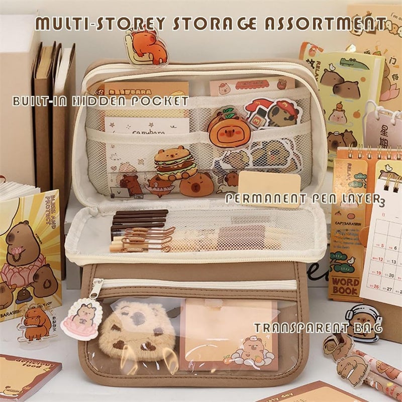 Cute Capybara Pencil Case Set, Clear Aesthetic Pen Pouch with Plush, Pins, and Multi-Layer Compartments, Large Capacity for School Supplies - Image 3