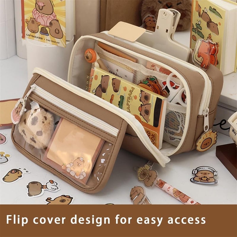 Cute Capybara Pencil Case Set, Clear Aesthetic Pen Pouch with Plush, Pins, and Multi-Layer Compartments, Large Capacity for School Supplies - Image 2