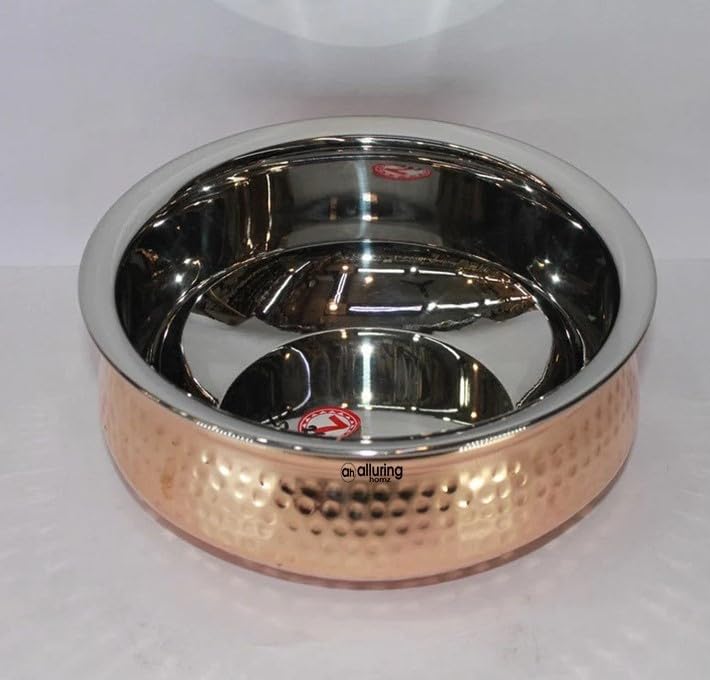 Alluring Homz Traditional Indian Copper Steel Serving Handi I Lagan I Bowl with Hammered Design Dinnerware, Serveware & Tableware for Home I Restaurant I Hotel, Volume-400 ML(1 Piece) - Image 2