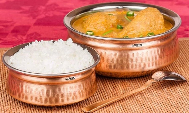 Alluring Homz Traditional Indian Copper Steel Serving Handi I Lagan I Bowl with Hammered Design Dinnerware, Serveware & Tableware for Home I Restaurant I Hotel, Volume-400 ML(1 Piece) - Image 5