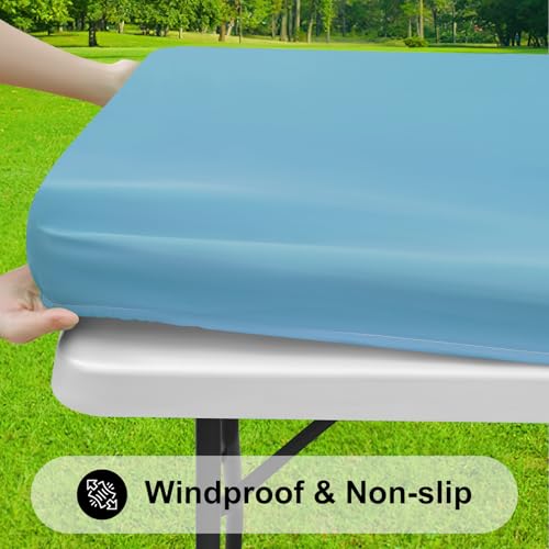 Smiry Rectangle Tablecloth, Elastic Fitted Flannel Backed Vinyl Tablecloths for 4ft Folding Tables, Waterproof Wipeable Table Covers for Indoor, Outdoor, Picnic and Camping (Aqua,24"x48") - Image 2