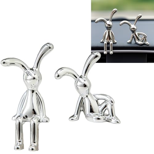 SARTE Car Dashboard Toy Cute Bunny Showpiece Decorative Ornament 3D Cartoon Chrome Figurine Miniature Sculpture Interior Decoration Accessories Decor 2 Pcs - Image 1