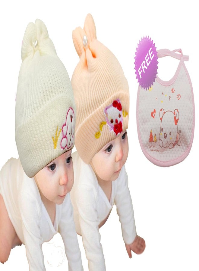 COOL INDIANS Combo of Baby Winter Cap & Baby Bibs | New Born Baby Kid's Cap | Cotton Baby Bibs/Baby Apron with Titch Button I Woolen Cap for Kid's Boy's & Girl's (0-3 Months, Beige Orange) - Image 2