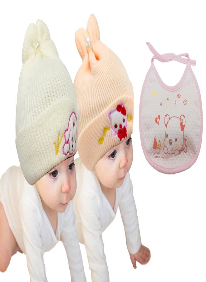 COOL INDIANS Combo of Baby Winter Cap & Baby Bibs | New Born Baby Kid's Cap | Cotton Baby Bibs/Baby Apron with Titch Button I Woolen Cap for Kid's Boy's & Girl's (0-3 Months, Beige Orange) - Image 1