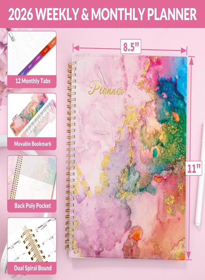 SUNEE 2026 Weekly and Monthly Planner - from January 2026 - December 2026, Daily Agenda Planner with Monthly Tab, Flexible Cover, Note Pages, Pockets, Bookmark, Spiral Binding, Pink Marble, 8.5"x11" - Image 4