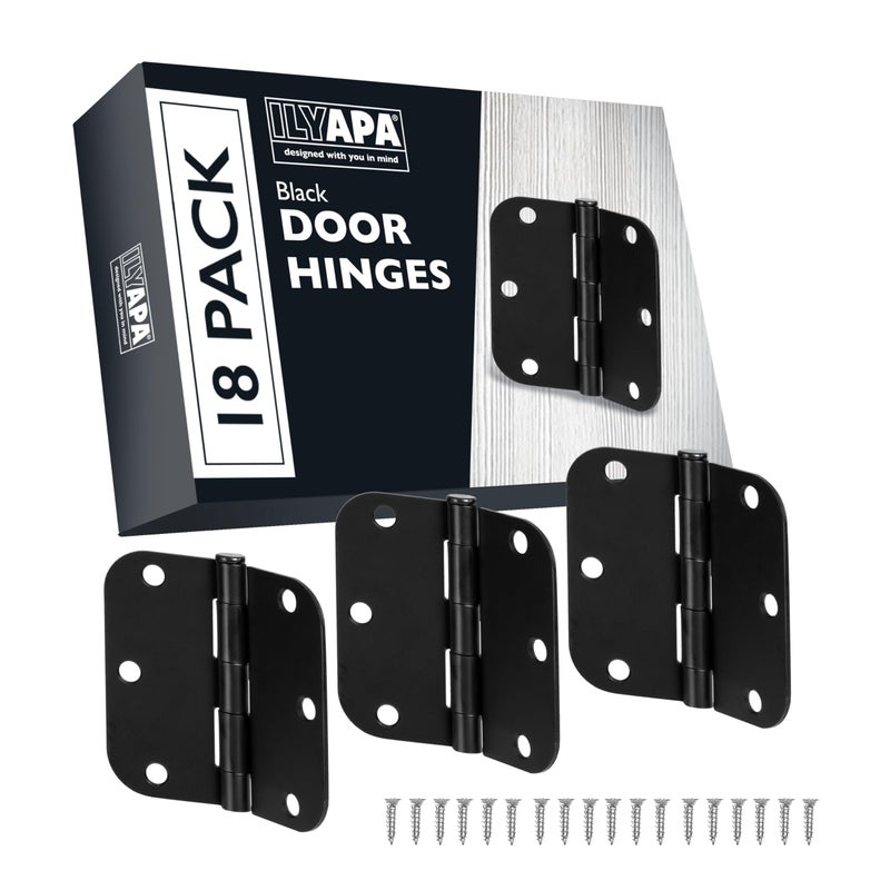 Ilyapa 18 Pack Matte Black Interior Door Hinges, 3.5 x 3.5 Inch Matte Black Hinges for Doors, Closets, Bathrooms - 3 1/2 with 5/8 Inch Radius Corners - Image 1