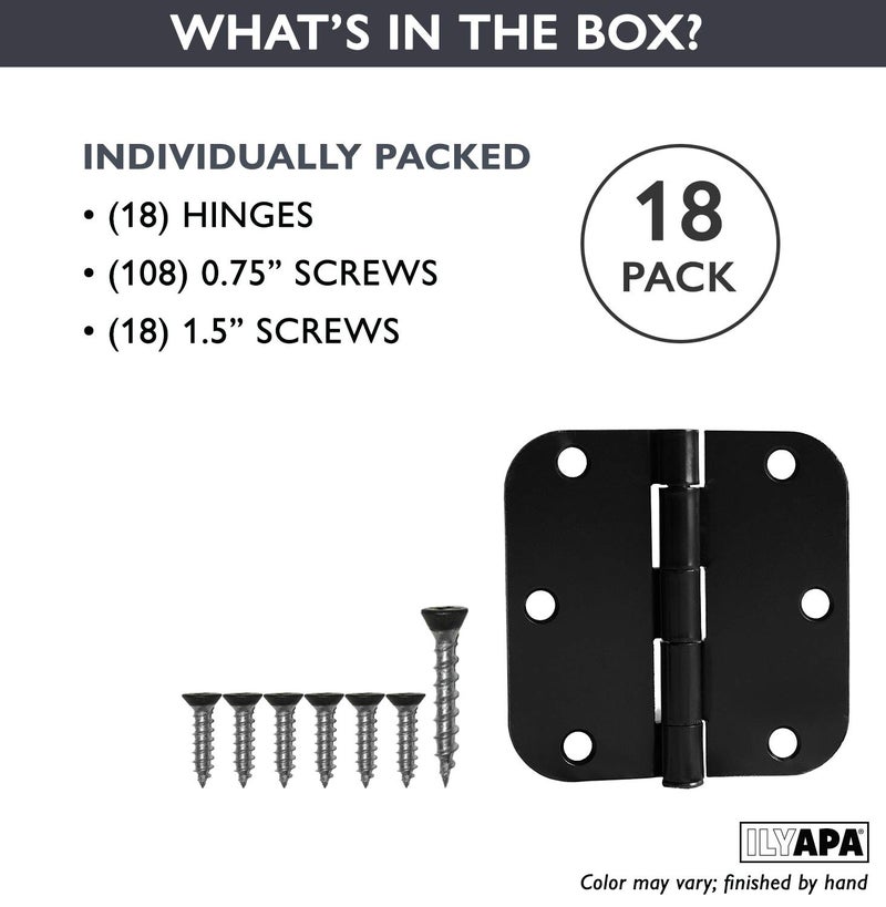 Ilyapa 18 Pack Matte Black Interior Door Hinges, 3.5 x 3.5 Inch Matte Black Hinges for Doors, Closets, Bathrooms - 3 1/2 with 5/8 Inch Radius Corners - Image 3