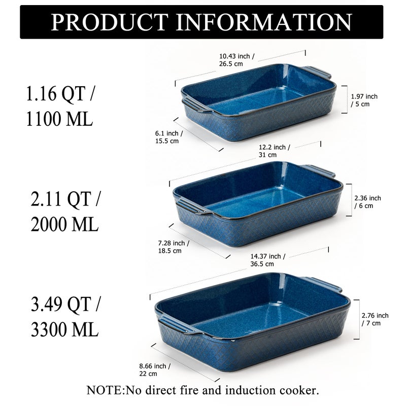 Jemirry Ceramic Baking Dish Set of 3, Casserole Dishes for Oven, Square Porcelain Bakeware Set with Handles, Lasagna Baking Pan for Cooking, Perfect for Baking and Serving, Housewarming, Halloween, Thanksgiving, Christmas, New Year- Blue - Image 4