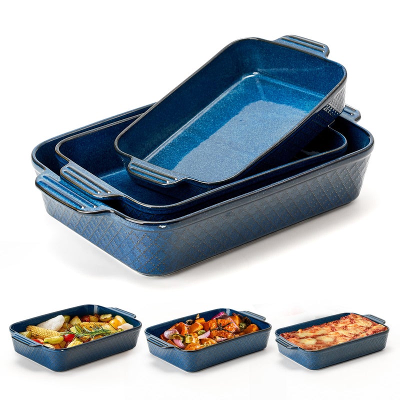 Jemirry Ceramic Baking Dish Set of 3, Casserole Dishes for Oven, Square Porcelain Bakeware Set with Handles, Lasagna Baking Pan for Cooking, Perfect for Baking and Serving, Housewarming, Halloween, Thanksgiving, Christmas, New Year- Blue - Image 1
