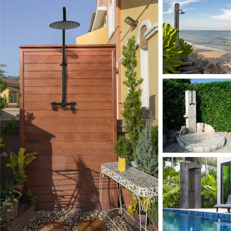 Aolemi Outdoor Shower Kit - Double Handle Exposed Shower with 8 Inch Rainfall Shower Head - Adjustable Height - Matte Black - Image 4