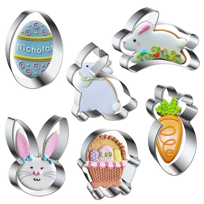 HAPPY EASTER COOKIE CUTTER 6 PCS BUNNY COOKIE CUTTERS MOLD SET RABBIT EGG CARROT BASKET STAINLESS STEEL FONDANT MOLDS BISCUIT CUTTERS FOR KITCHEN BAKING EASTER HOLIDAY PARTY DECORATION