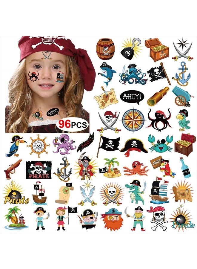 Konsait Pirate Tattoos(96Pcs), Konsait Pirate Temporary Tattoo Fake Neverland Pirated Cannon Powder Jake Captain Tattoo Body Sticker for Pirate Birthday Party Favors Supplies Kids Boys Girls Party Bag Filler - Image 1