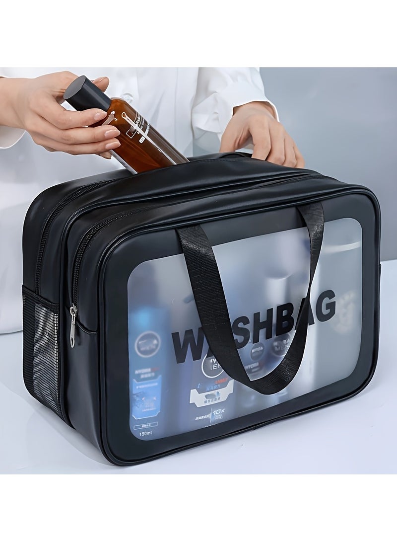 حقيبة أدوات تجميل كبيرة مزدوجة الطبقات مقاومة للماء للسفر - منظم مستحضرات تجميل شفاف من البولي فينيل كلوريد مع فصل جاف/رطب | حامل أساسيات الصالة الرياضية والشاطئ والسباحة للنساء | سحاب متين، هدية للعطلات - Image 1