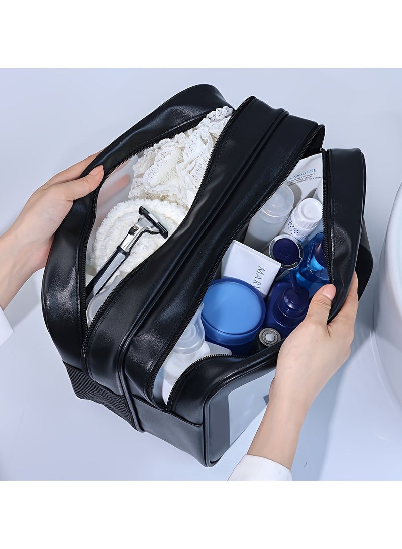 حقيبة أدوات تجميل كبيرة مزدوجة الطبقات مقاومة للماء للسفر - منظم مستحضرات تجميل شفاف من البولي فينيل كلوريد مع فصل جاف/رطب | حامل أساسيات الصالة الرياضية والشاطئ والسباحة للنساء | سحاب متين، هدية للعطلات - Image 2
