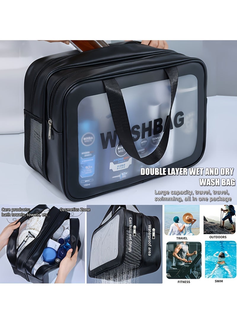 حقيبة أدوات تجميل كبيرة مزدوجة الطبقات مقاومة للماء للسفر - منظم مستحضرات تجميل شفاف من البولي فينيل كلوريد مع فصل جاف/رطب | حامل أساسيات الصالة الرياضية والشاطئ والسباحة للنساء | سحاب متين، هدية للعطلات - Image 3