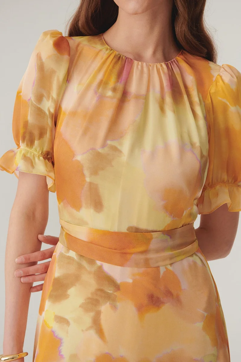 EXQUISE Balloon Sleeve Crew Neck Waist-Fitting Abstract Pattern Midi Dress