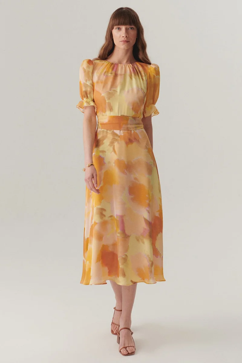 EXQUISE Balloon Sleeve Crew Neck Waist-Fitting Abstract Pattern Midi Dress