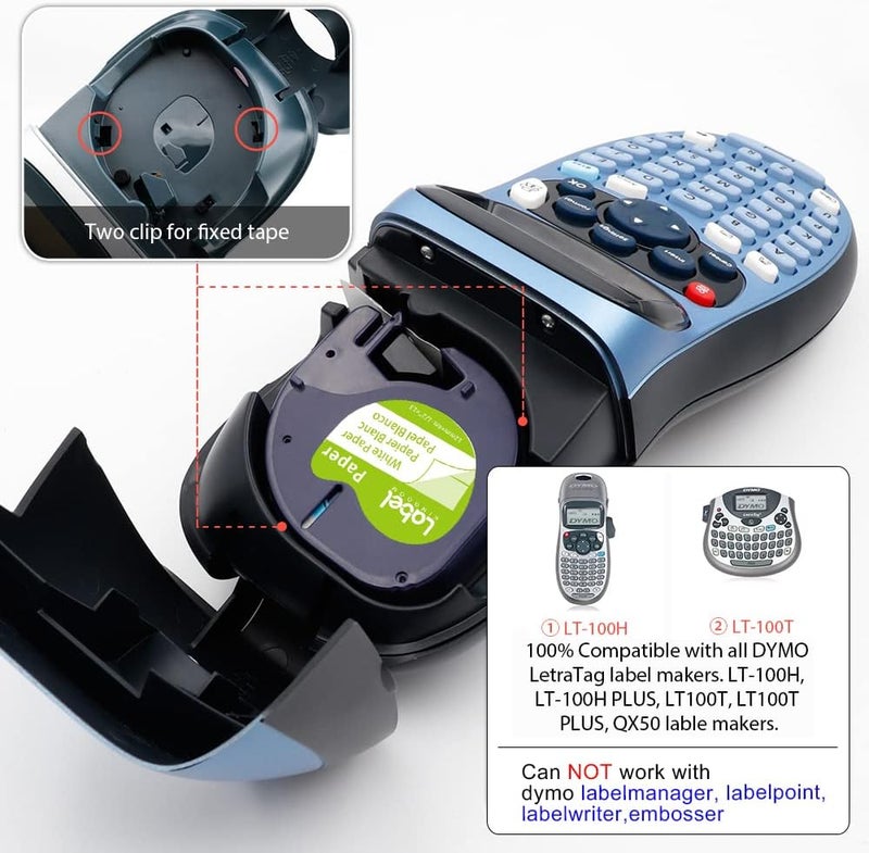 لايبل كينجدوم عبوة من 8 قطع من شريط بديل متوافق مع Dymo Letratag 91330 10697، ورق معاد تعبئته، أسود على أبيض، مقاس 1/2 بوصة × 13 قدم، شريط لاصق ذاتي لـ Letra Tag LT-100T LT-100H Plus QX50، علامة KINGDOM - Image 2