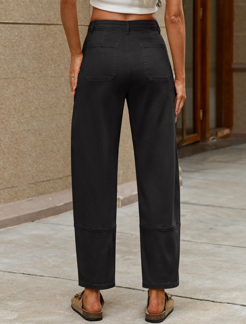 Eddoyee Women Barrel Cropped Pants, High Waisted Casual Loose Pants Harem Trousers with Cuff Split Designï¼ˆBlack Lï¼‰ - Image 3