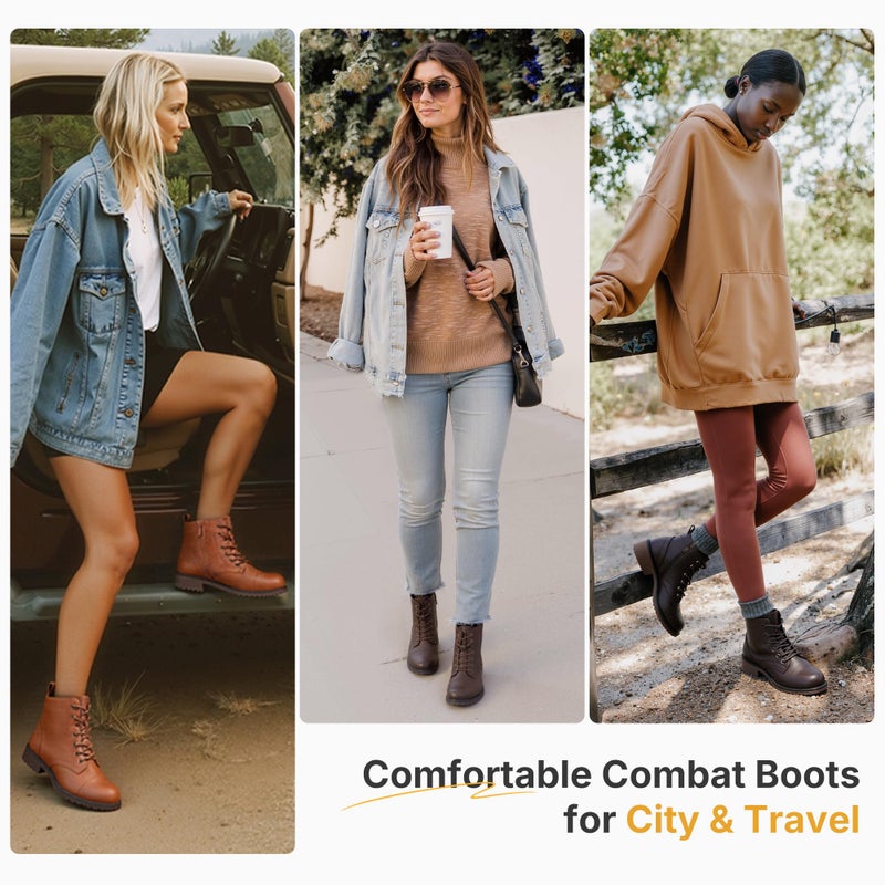 Vepose Women's Ankle Boots Lace up, Flat Fashion Combat Booties Low Heel, 910 - Coffee, Size 8 US (CJY910 Coffee 08) - Image 2