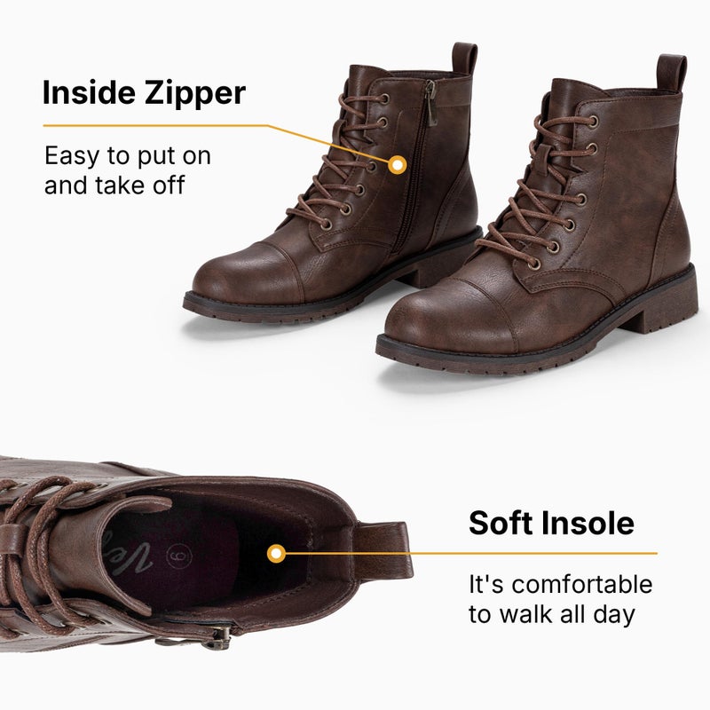 Vepose Women's Ankle Boots Lace up, Flat Fashion Combat Booties Low Heel, 910 - Coffee, Size 8 US (CJY910 Coffee 08) - Image 4