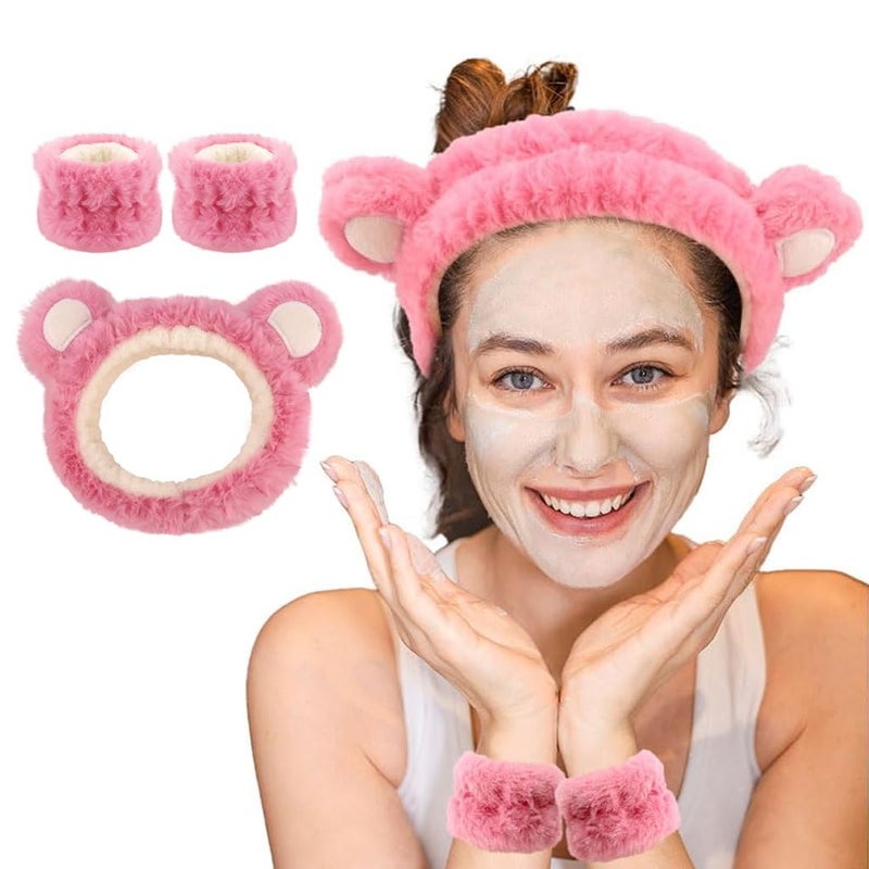 M'AYCREATE MAYCREATE® Skincare Headband for Women & Wrist Band for Face Wash 3pcs Combo, Cute Facial Makeup Hair Band and Wrist Bands Towel, Bear Ears Face Wash Spa Headband for Women Girls - Pink - Image 1