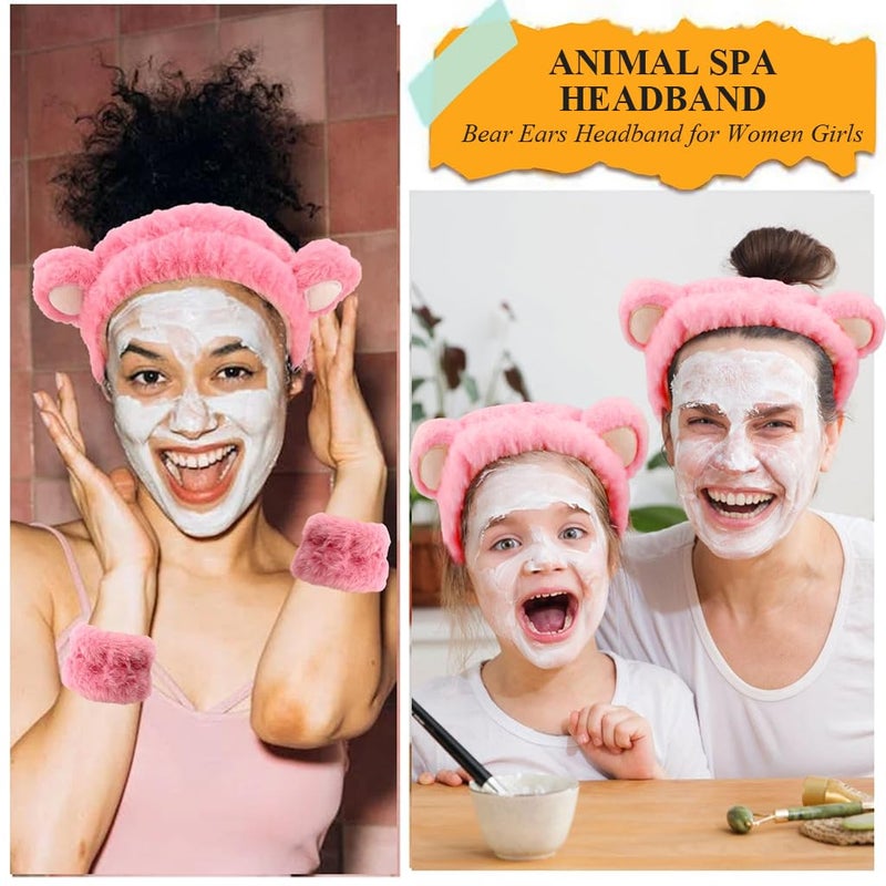 M'AYCREATE MAYCREATE® Skincare Headband for Women & Wrist Band for Face Wash 3pcs Combo, Cute Facial Makeup Hair Band and Wrist Bands Towel, Bear Ears Face Wash Spa Headband for Women Girls - Pink - Image 5