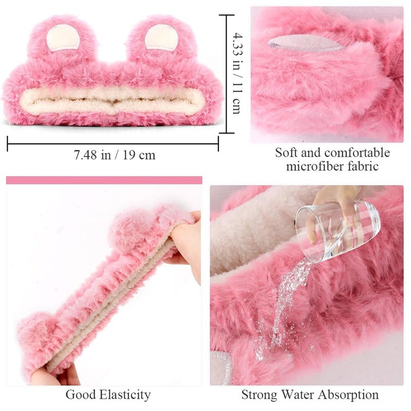 M'AYCREATE MAYCREATE® Skincare Headband for Women & Wrist Band for Face Wash 3pcs Combo, Cute Facial Makeup Hair Band and Wrist Bands Towel, Bear Ears Face Wash Spa Headband for Women Girls - Pink - Image 2