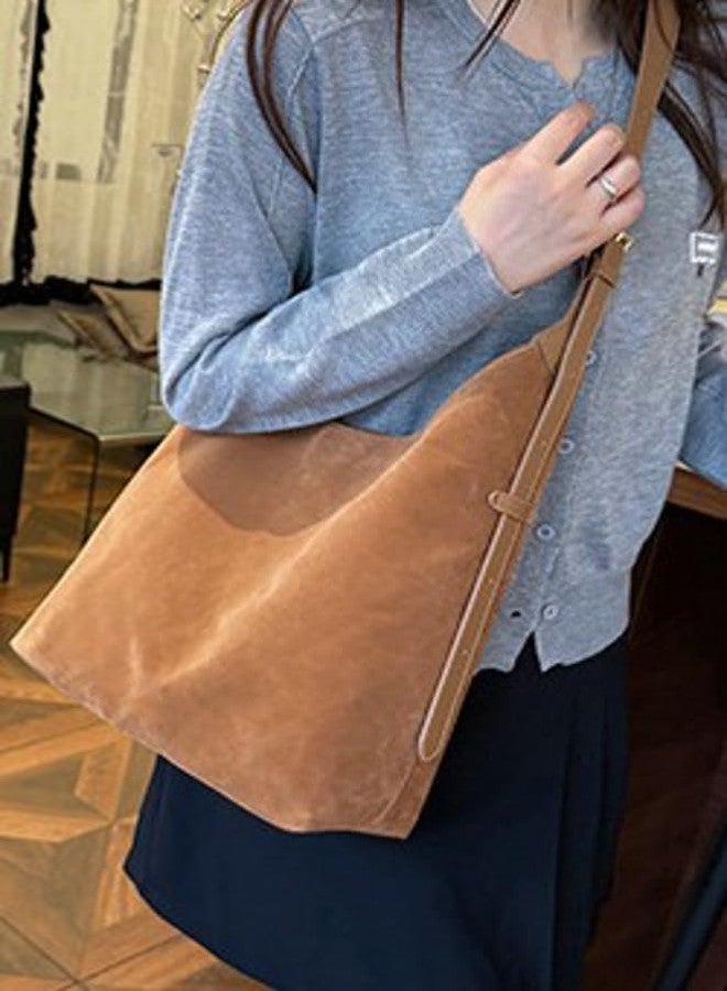 حقيبة دلو من جلد الغزال البني للنساء، حقيبة كتف واسعة، حقيبة يد كلاسيكية، حقيبة عمل، حقيبة كروس بودي، حقيبة يد - Image 2