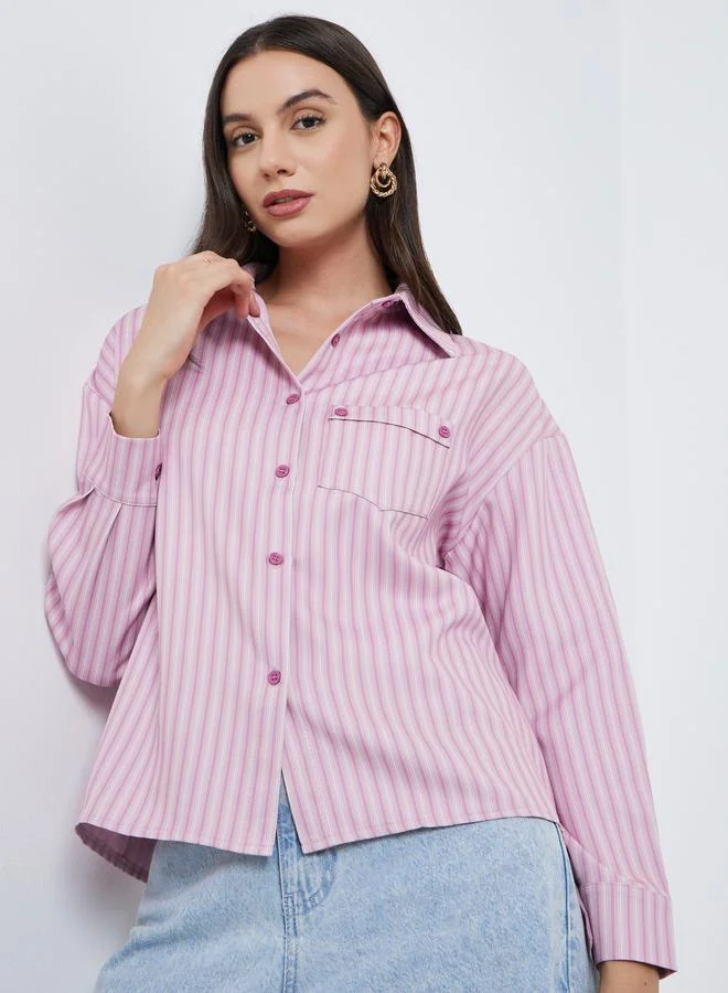 Styli Styli Pink Striped Shirt with Flap Pocket