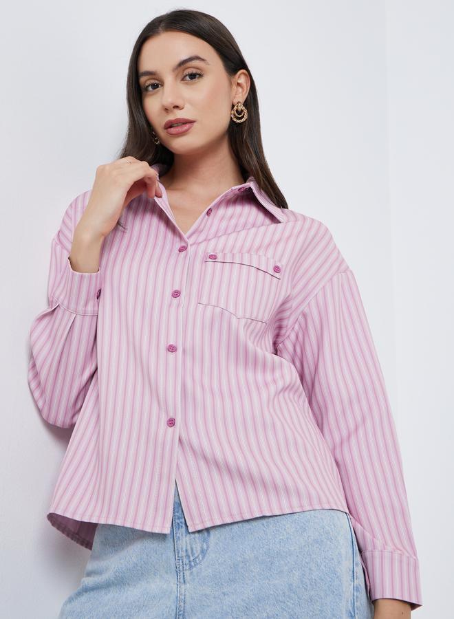 Styli Pink Striped Shirt with Flap Pocket - Image 1