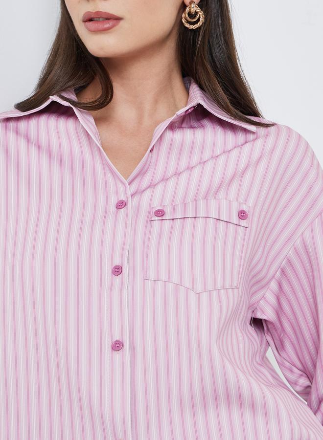 Styli Pink Striped Shirt with Flap Pocket - Image 3