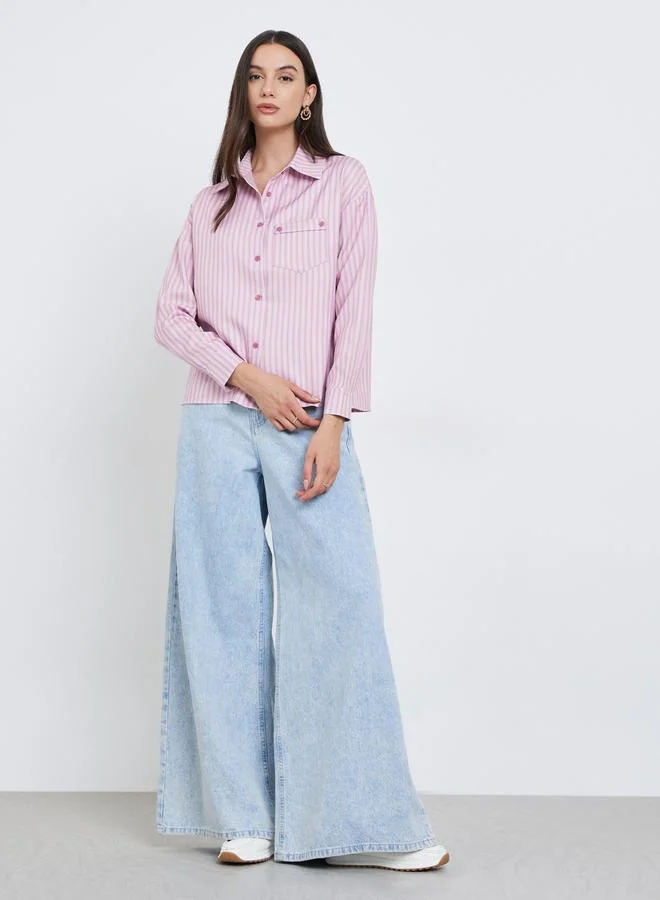 Styli Styli Pink Striped Shirt with Flap Pocket