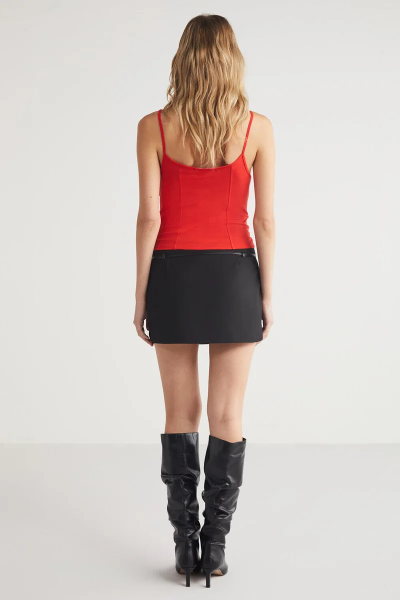 GRIMELANGE Mikela Women's Cotton Viscose Blend Strappy Crop Red Blouse